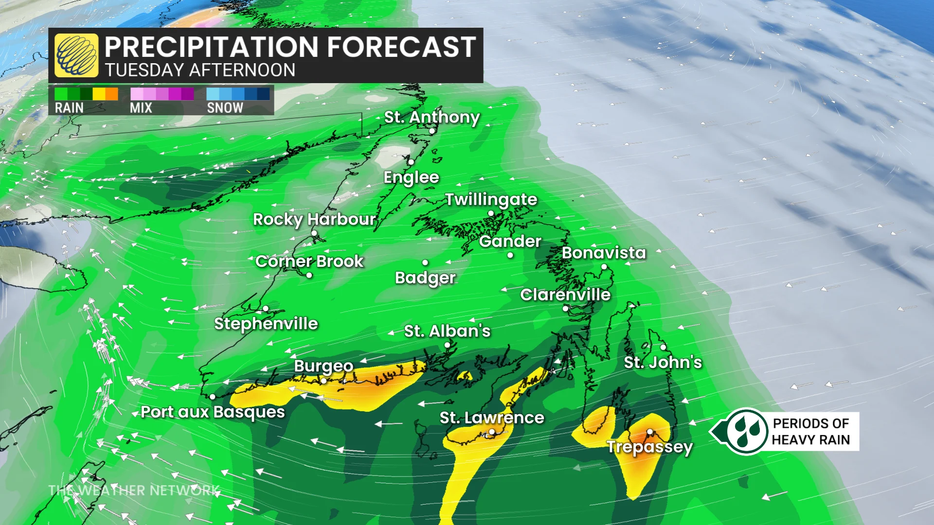 Newfoundland precipitation timing Tuesday afternoon