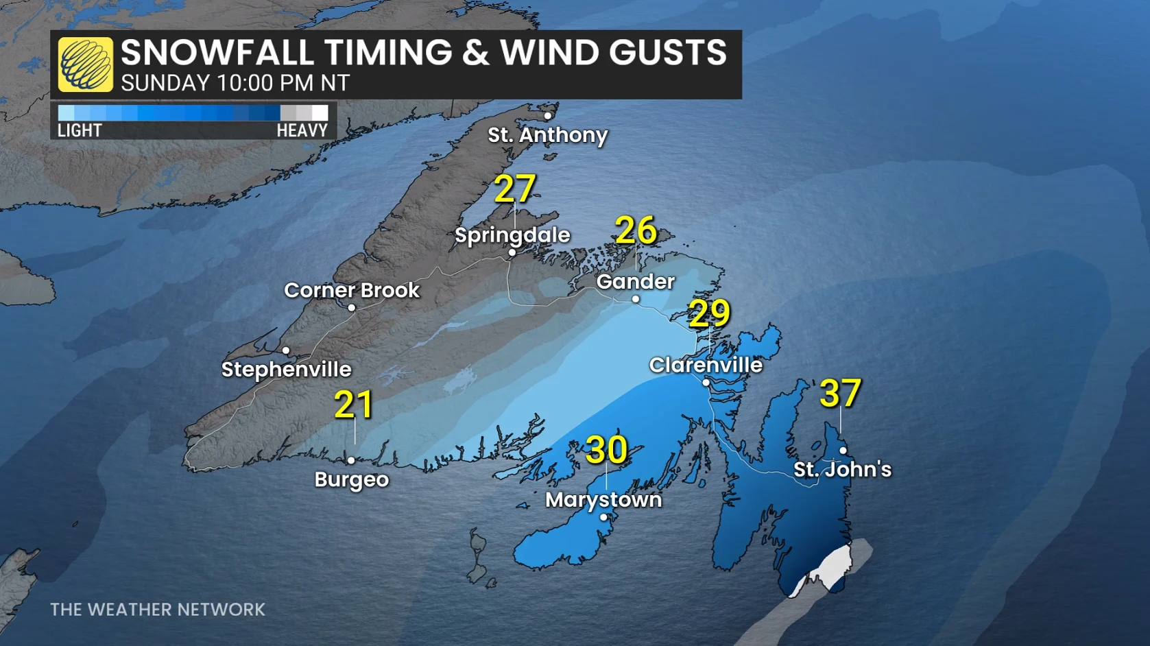 Newfoundland winds and snow Sunday overnight