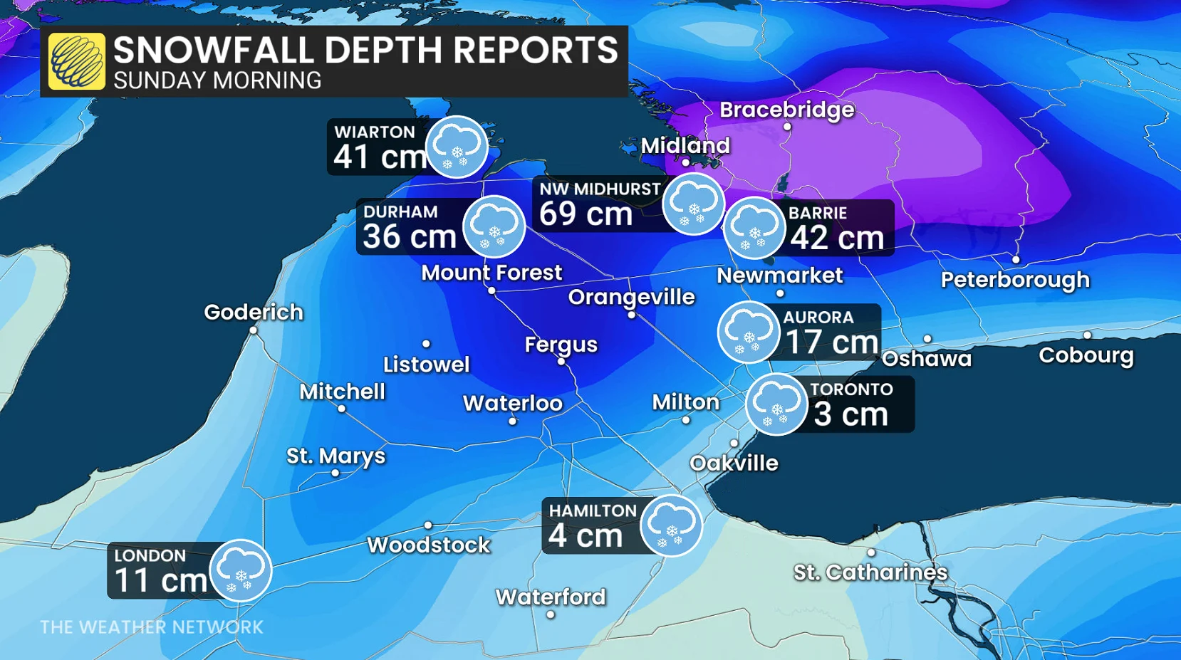 Ontario snowfall depth as of Sunday morning