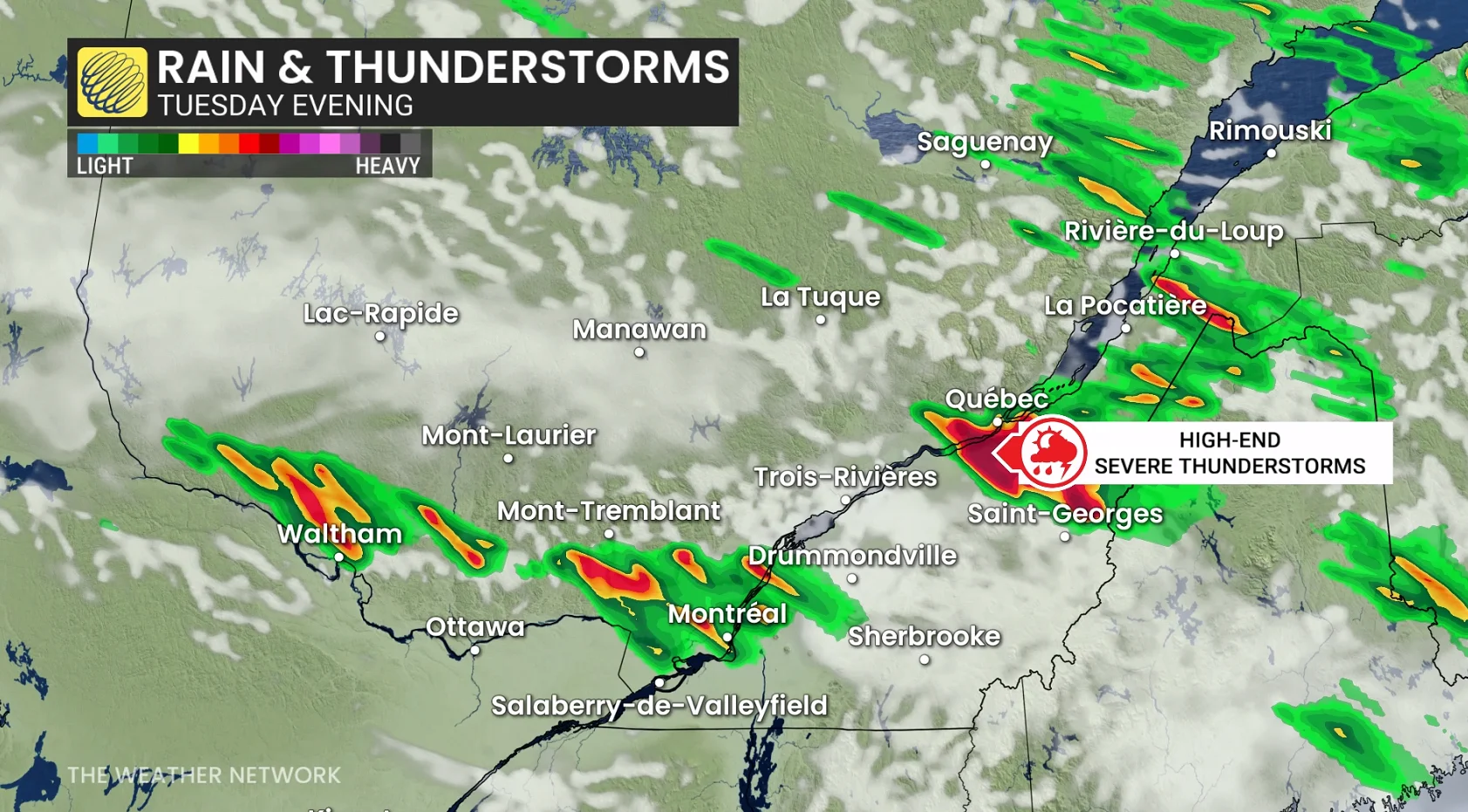 Southern Quebec Tuesday evening forecast storms - July 13, 2026