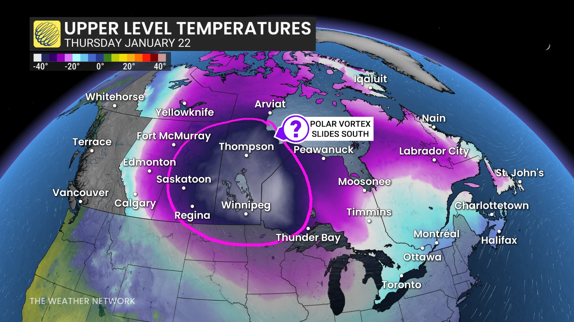 Canada upper-level temperatures Thursday, Jan. 22