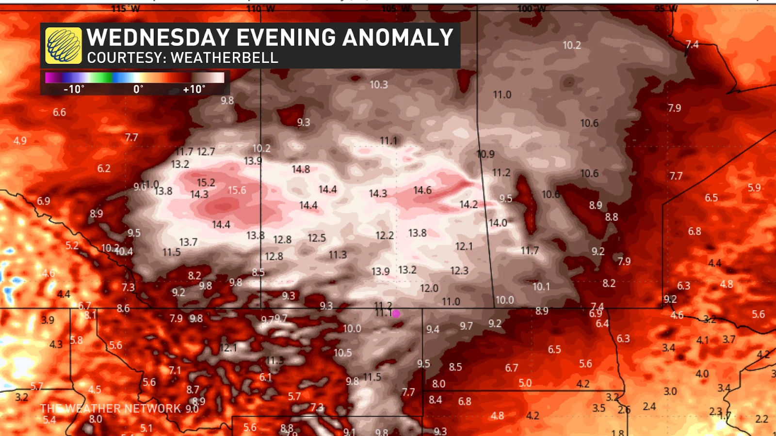 Prairies temperature anomalies Wednesday evening