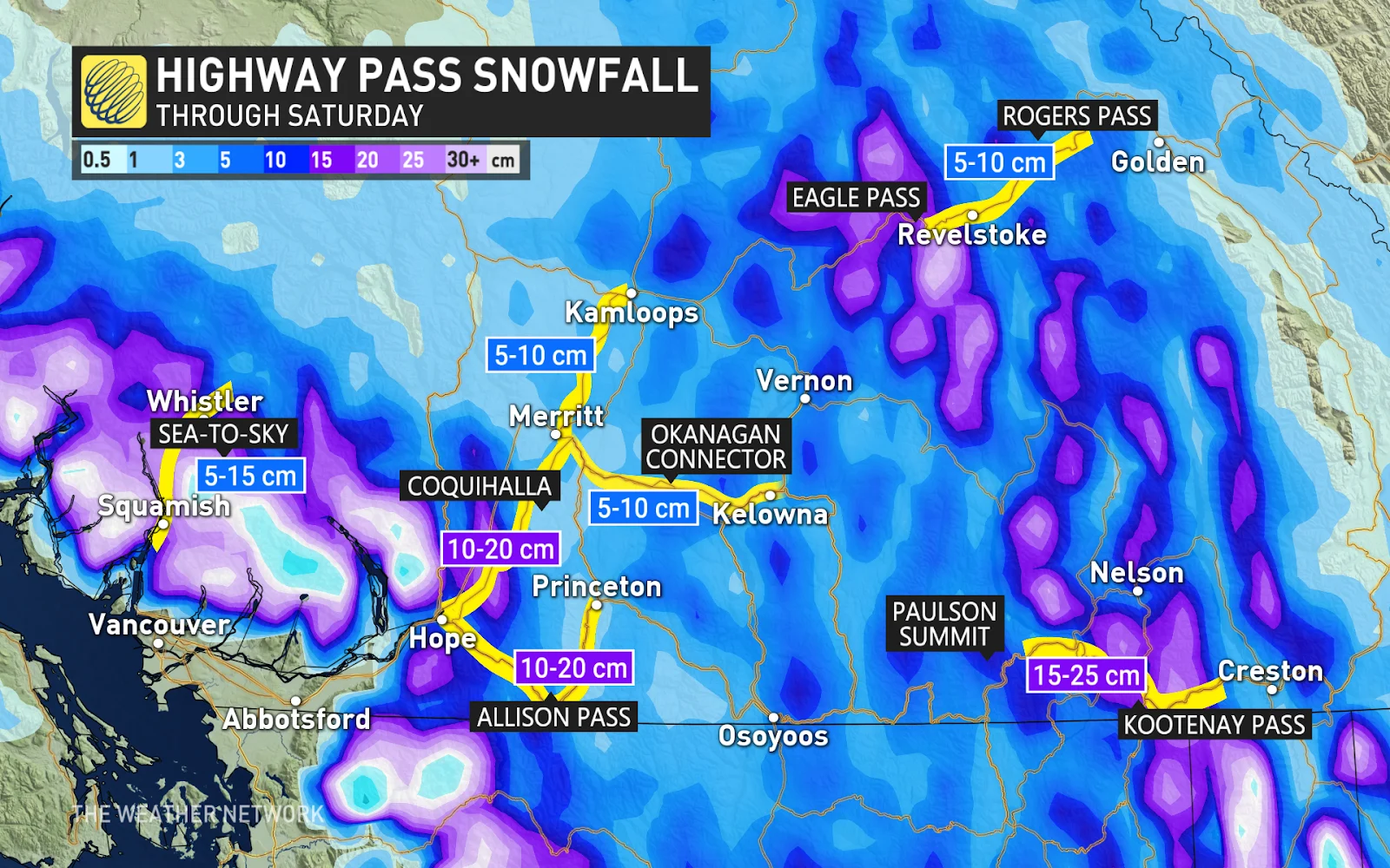 BC highway pass snowfall through Saturday