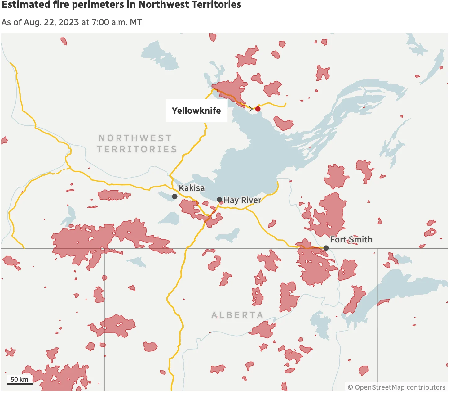CBC: Estimated fire perimeters in Northwest Territories As of Aug. 22, 2023 at 7:00 a.m. MT