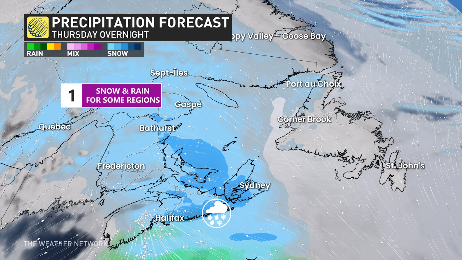 Atlantic Canada first system forecast precipitation Thursday night Feb 5 2025