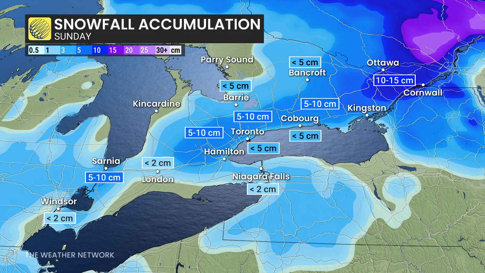 Ontario snowfall through Sunday
