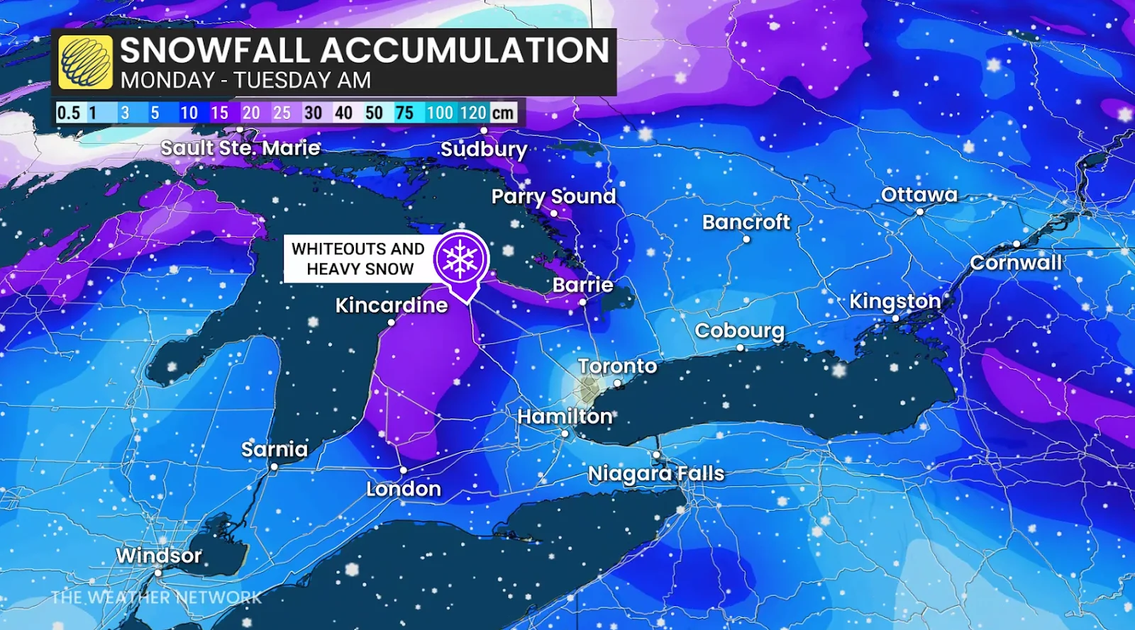 Southern Ontario forecast snowfall through Tuesday - Dec. 27, 2025