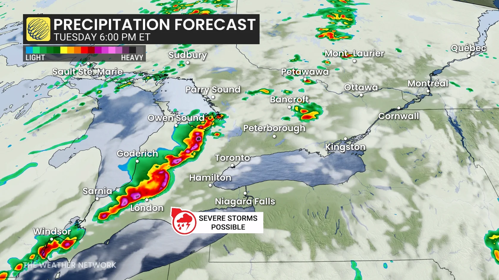 Ontario precipitation timing Tuesday evening