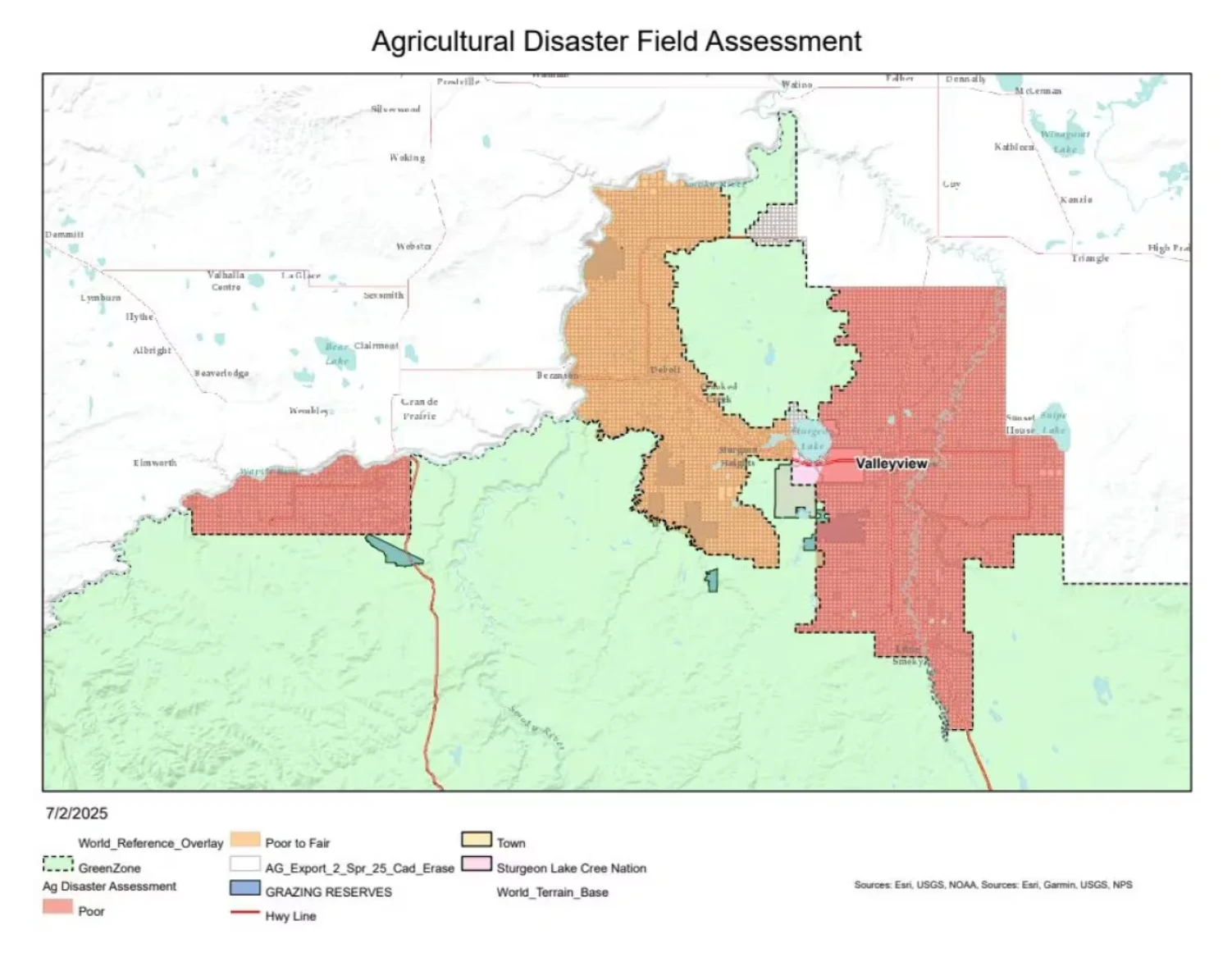 Assessment map, Alberta, Land, Agriculture, Farmers, Dry, Conditions, July 20, 2025. (M.D. of Greenview)