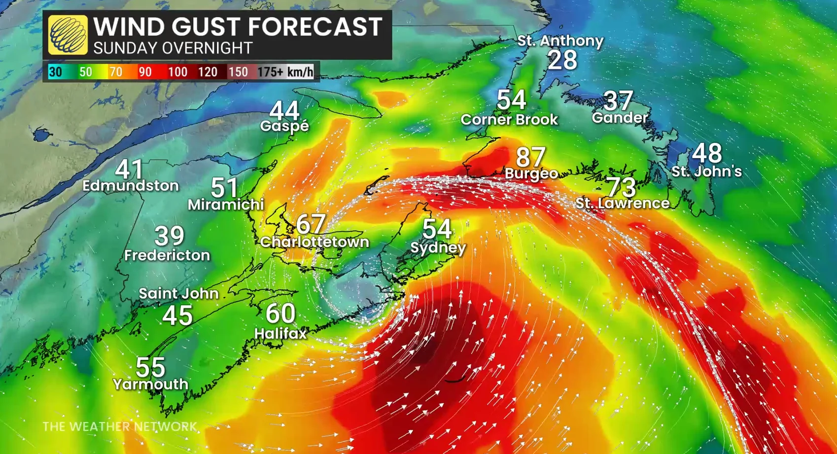 Atlantic Canada wind gusts Sunday overnight