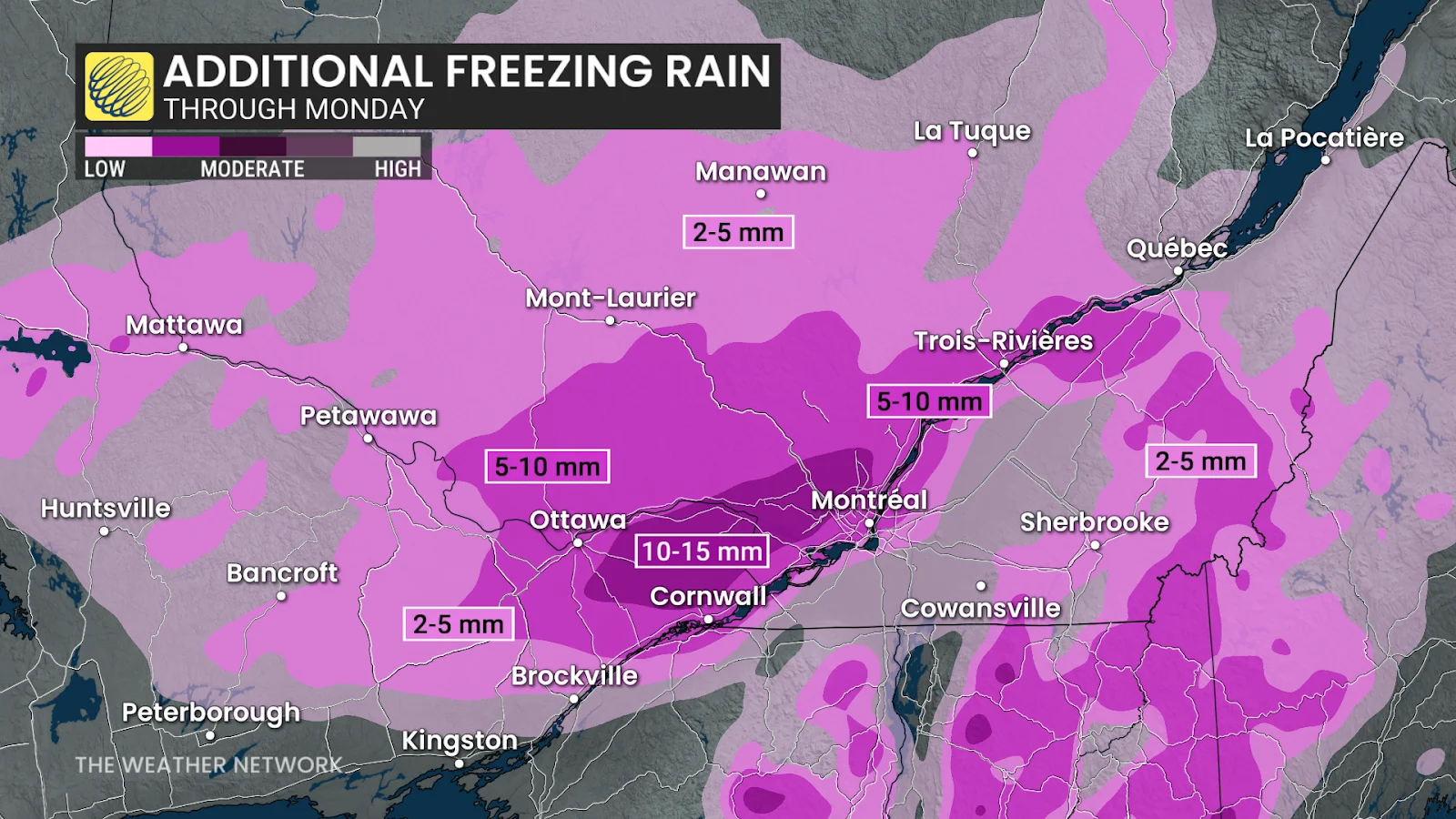 Southern Quebec forecast freezing rain accumulation - Dec. 29, 2025