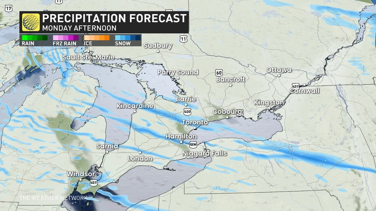 Southern Ontario Monday afternoon forecast precipitation - Feb. 16, 2025