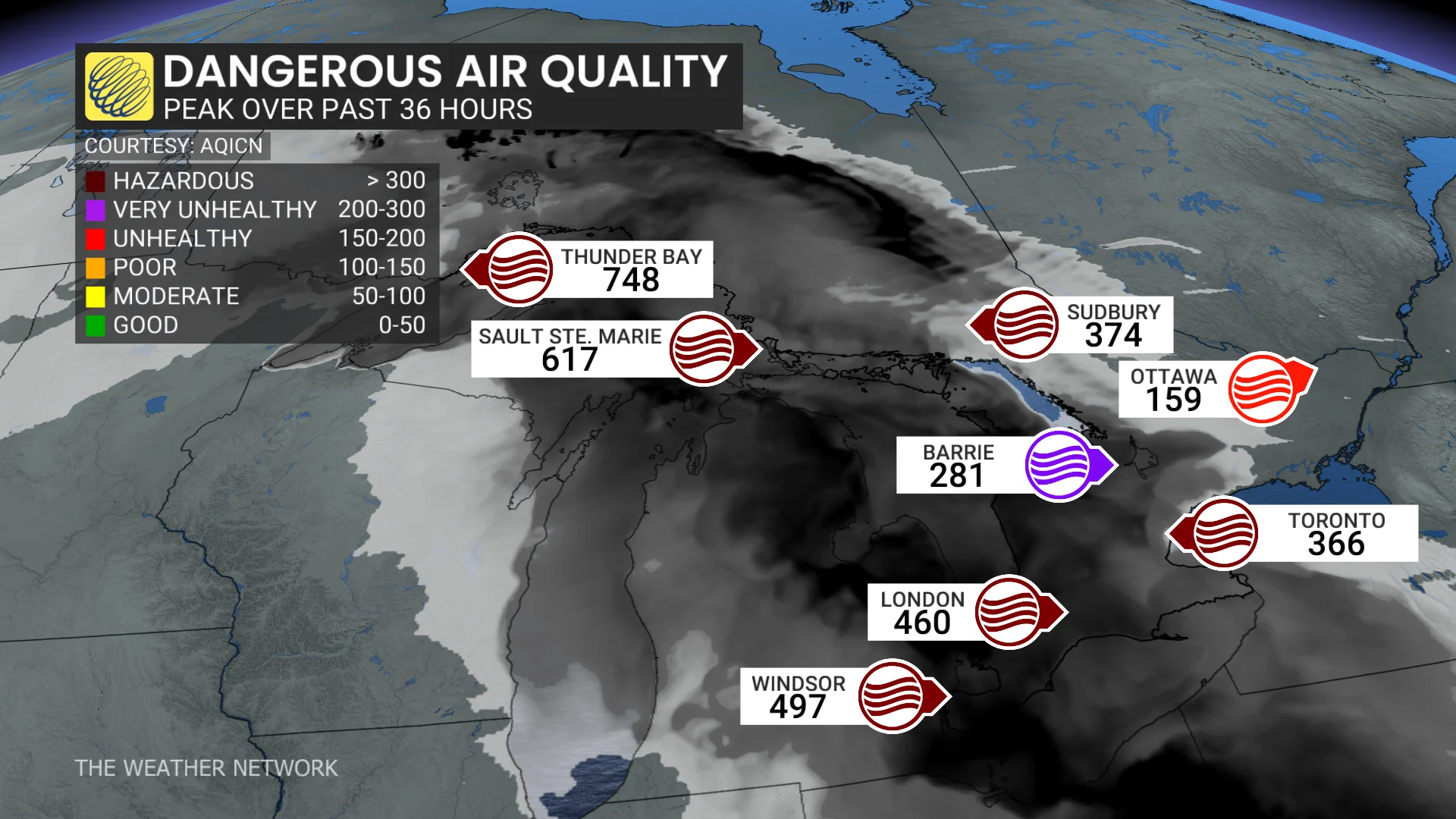 ON Dangerous Air Quality peaks Saturday