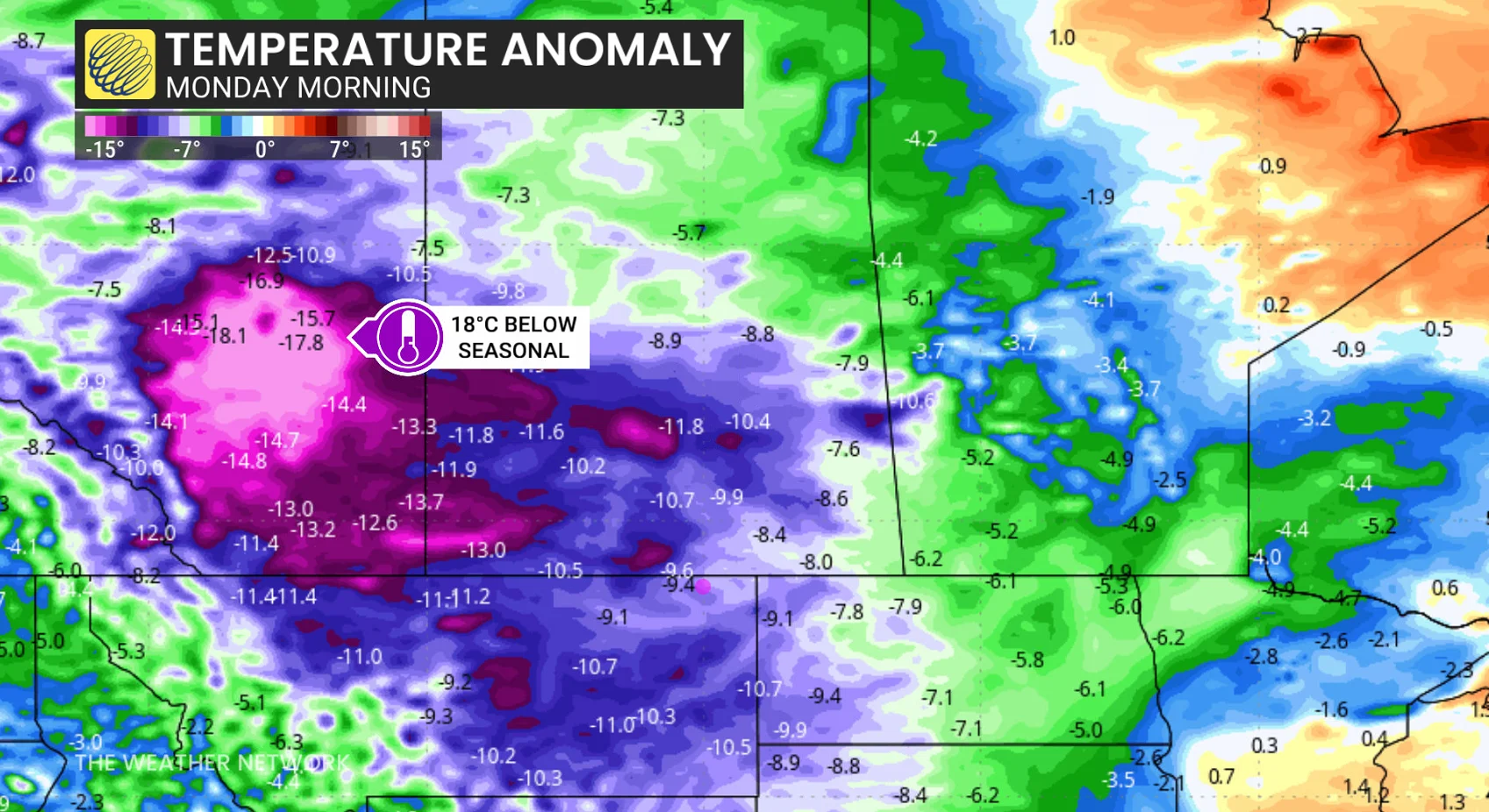 Prairies temperature anomaly Monday