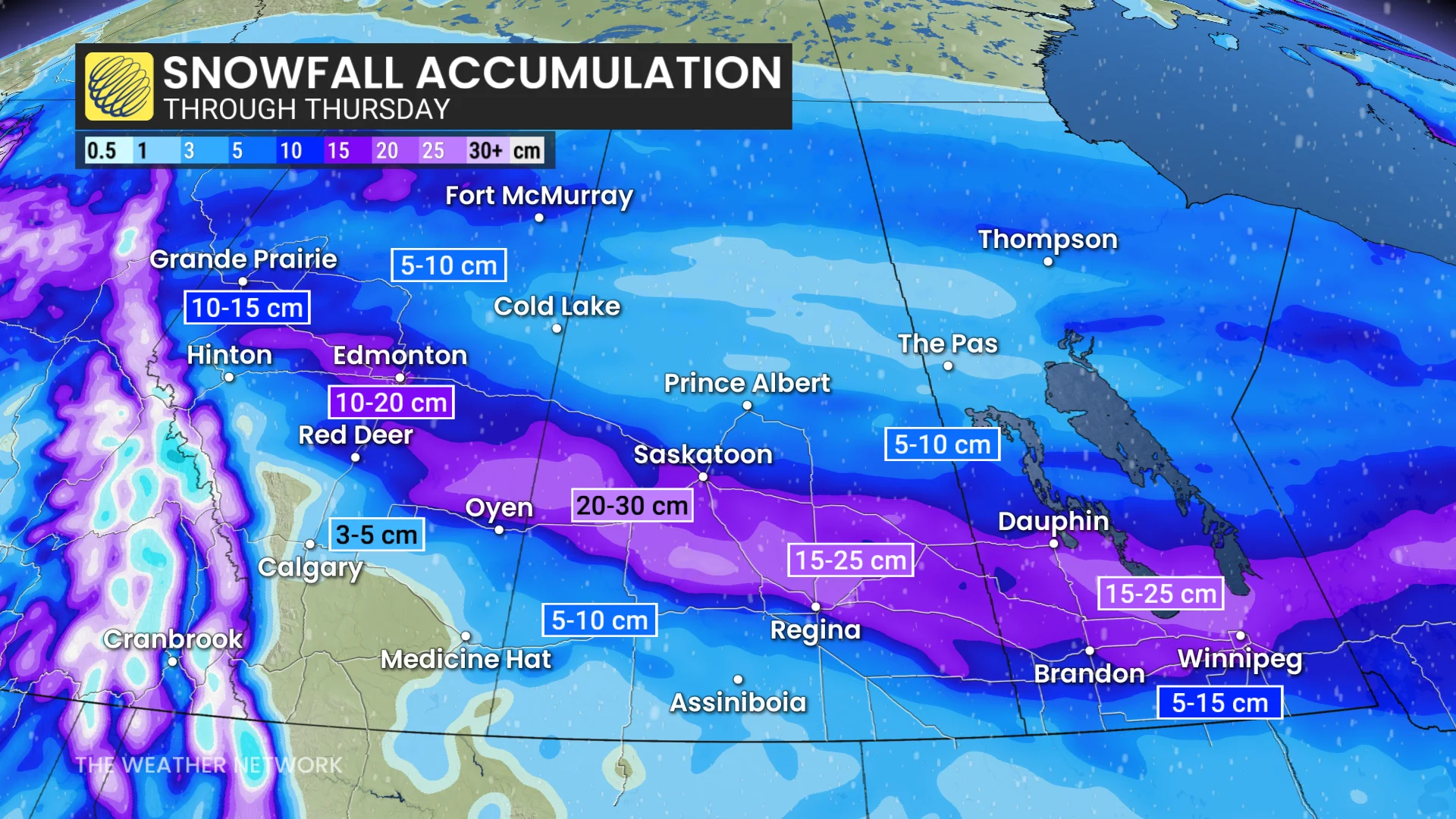 Prairies snowfall through Thursday