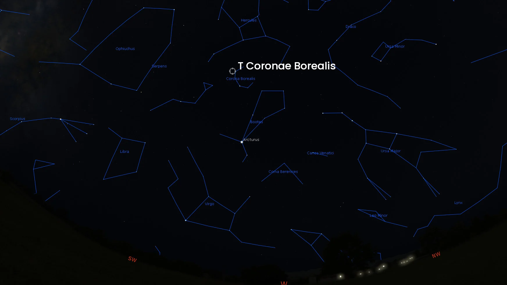 TCrB amid constellations Stellarium