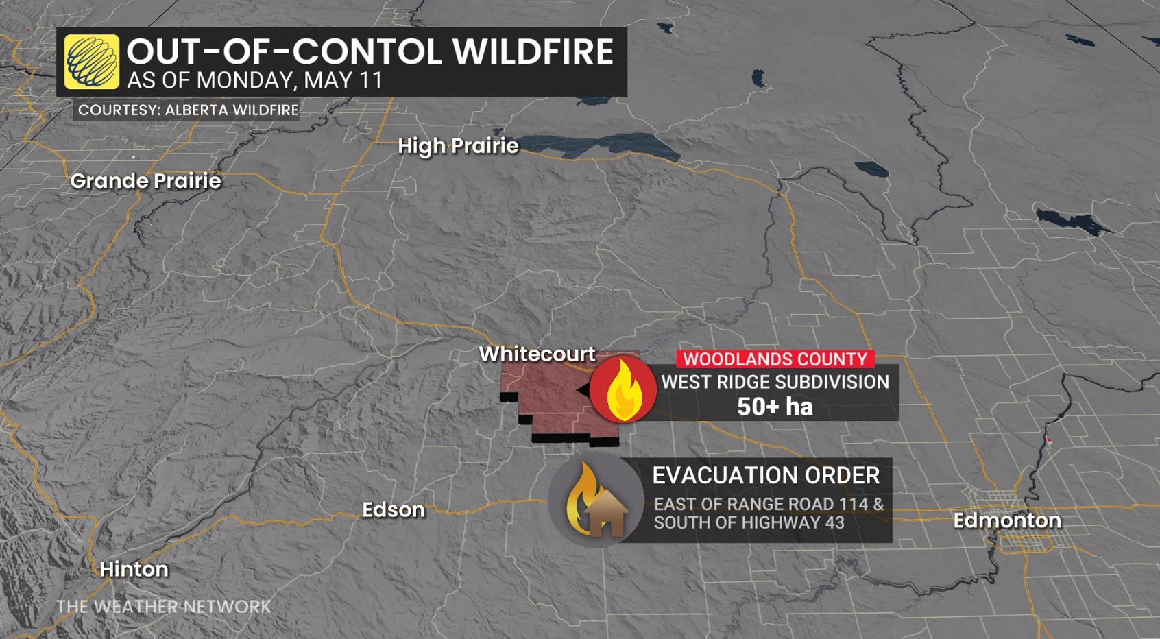 Out-of-control wildfire near Whitecourt, Alta., May 11