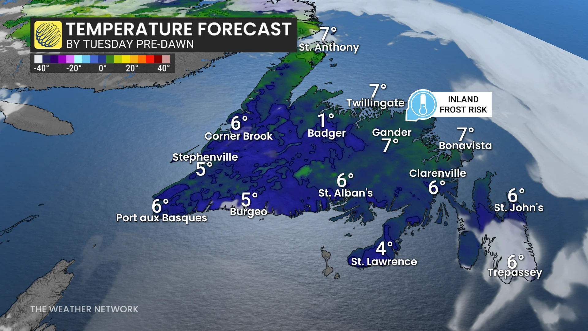 Newfoundland pre-dawn hours temperatures Tuesday