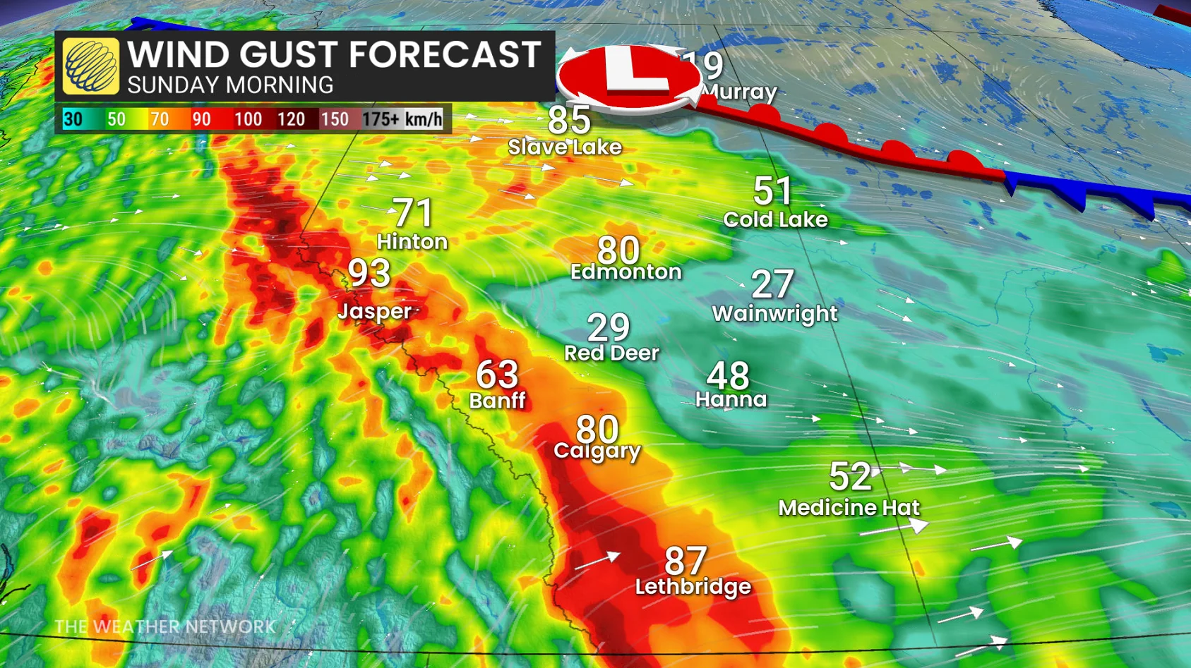 Alberta wind gusts Sunday morning