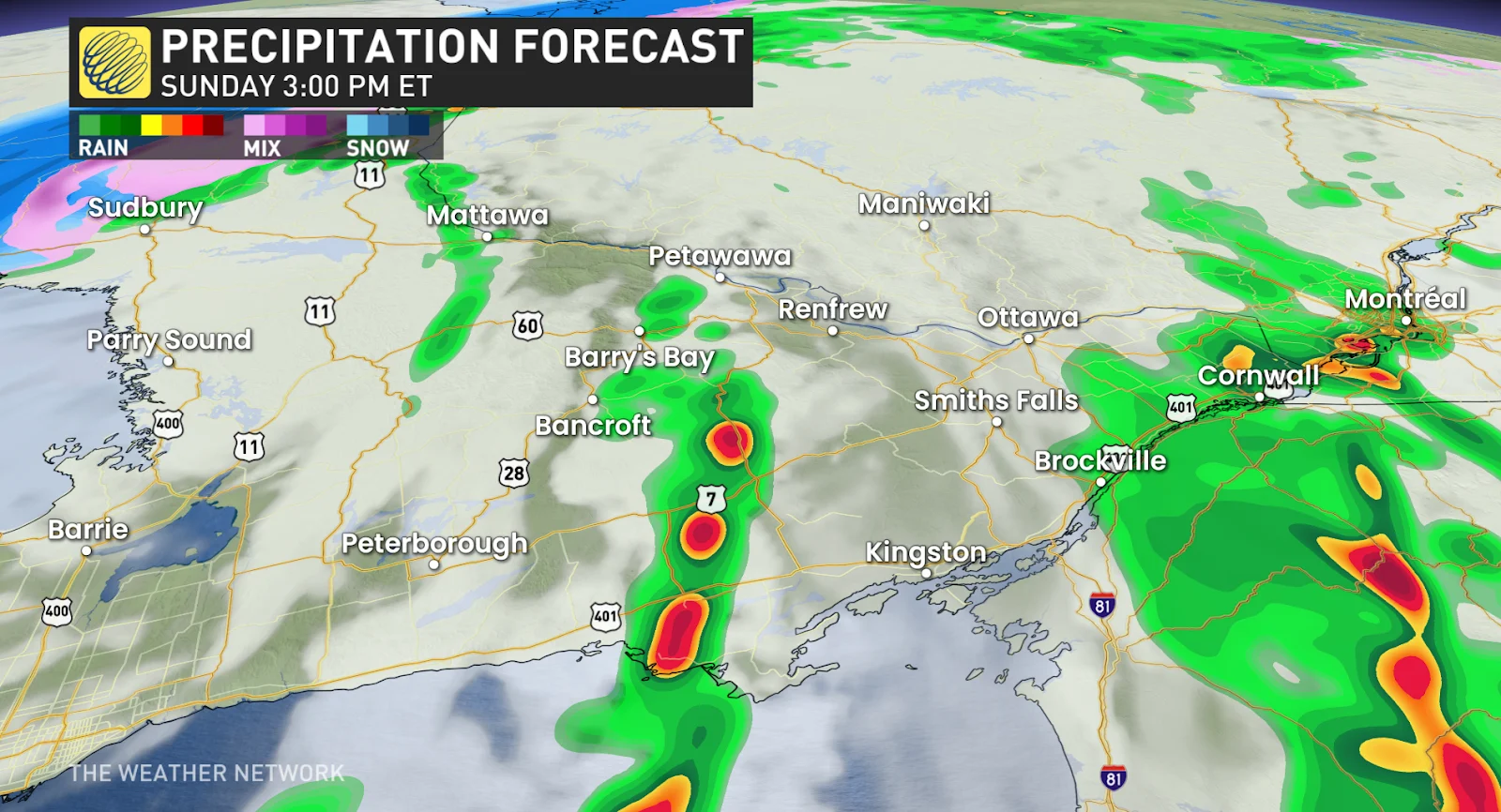 Eastern Ontario Sunday 3 pm forecast precipitation - March 16, 2025