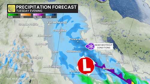 Prairies precipitation forecast Tuesday evening