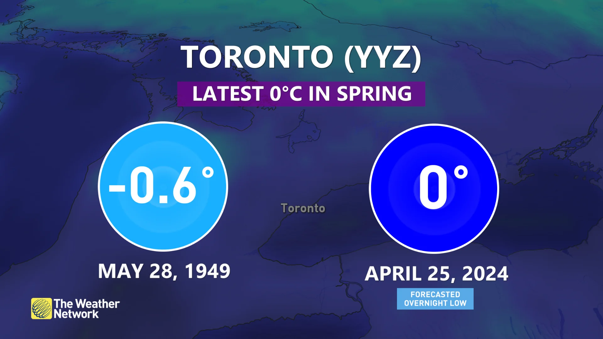 Toronto latest 0 C in spring (April 22)
