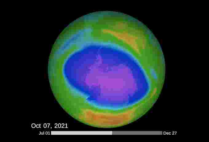 The ozone hole over Antarctica at its peak on October 7, 2021. (NASA Ozone Watch)