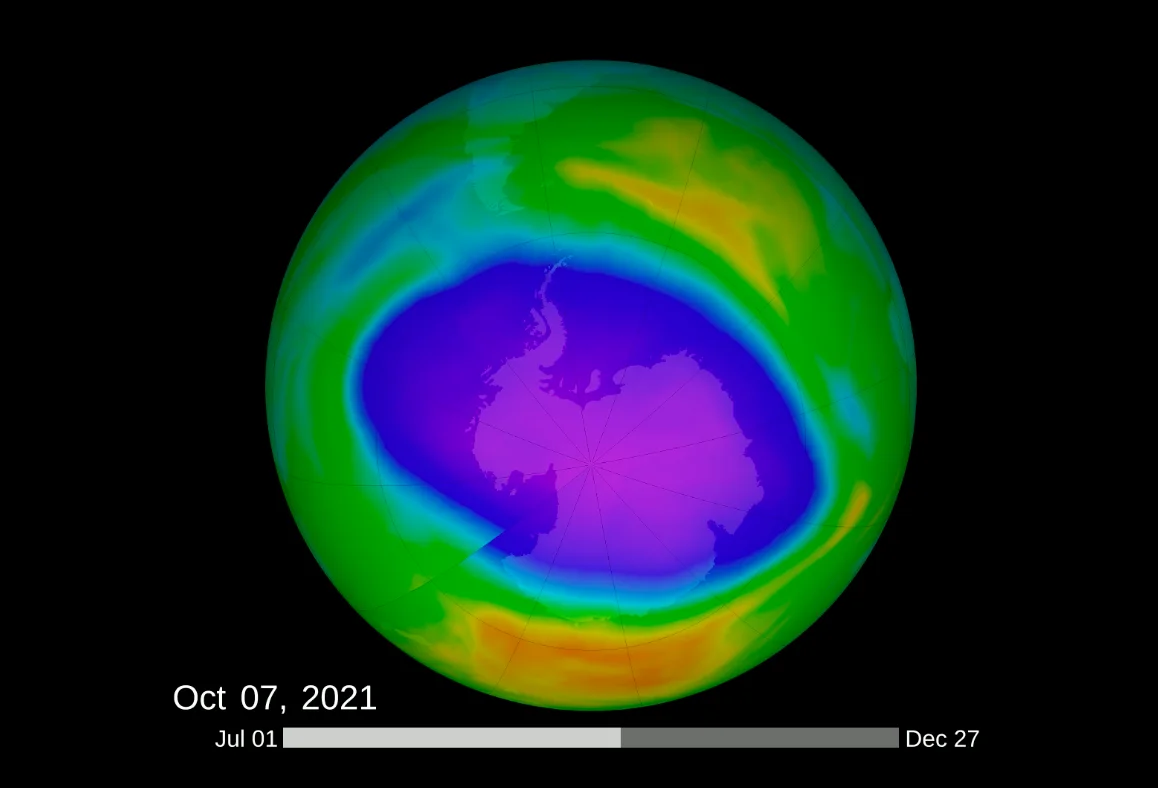 The ozone hole over Antarctica at its peak on October 7, 2021. (NASA Ozone Watch)