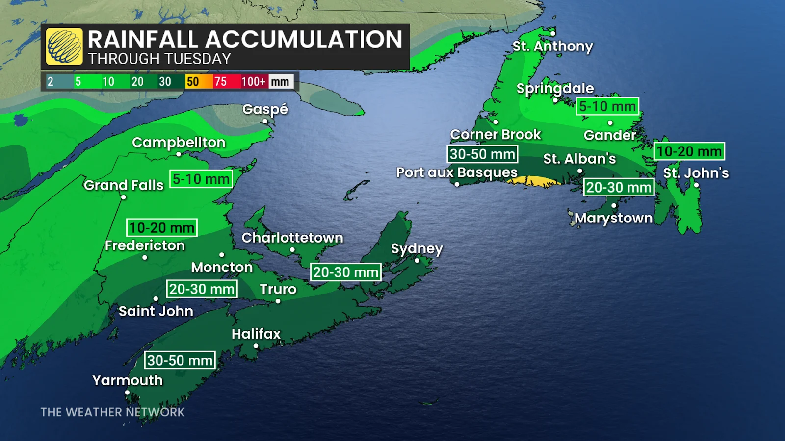 Atlantic Canada forecast rainfall amounts through Tuesday - March 31, 2025