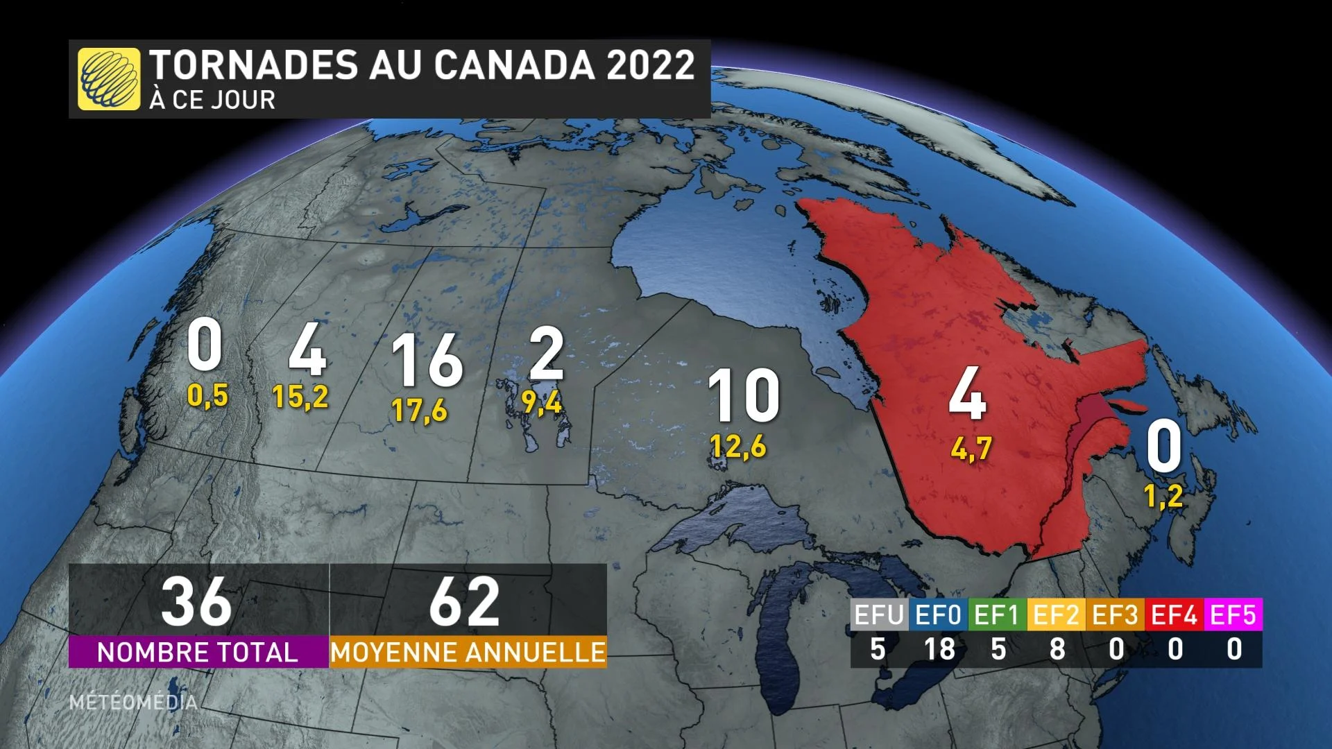 nombre de tornades au canada