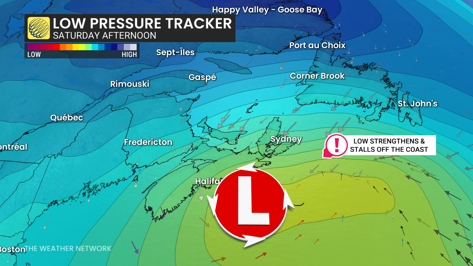 Atlantic Canada low-pressure tracker Saturday afternoon