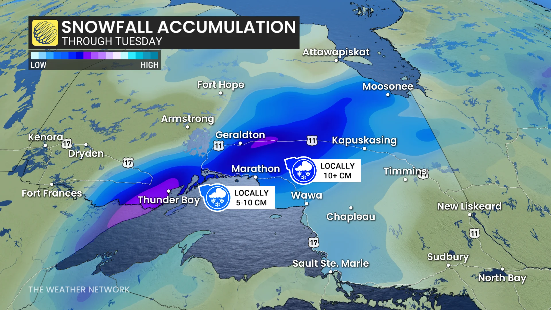 Northern Ontario snowfall accumulation through Tuesday