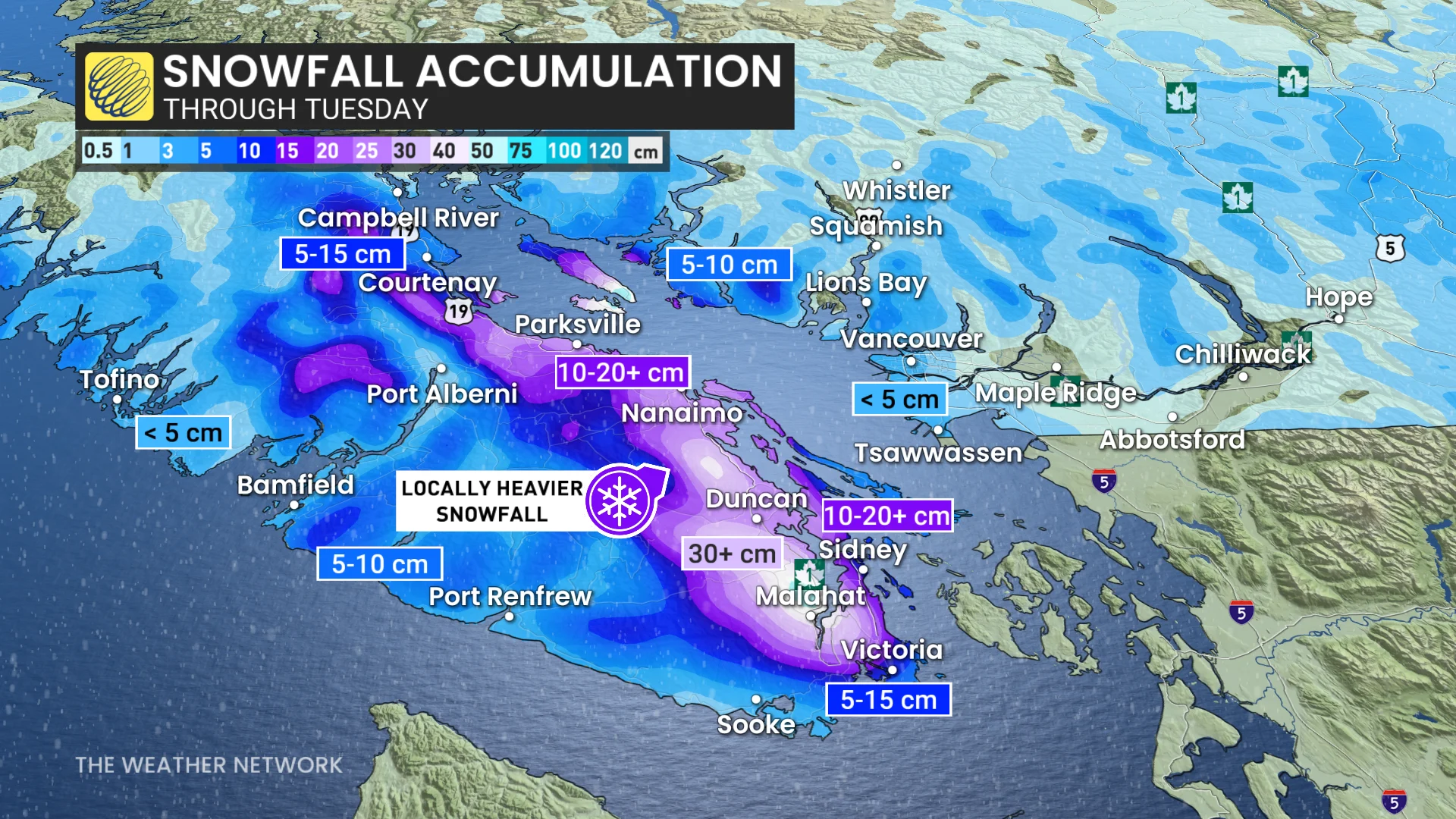 B.C. snowfall accumulation map through Tuesday