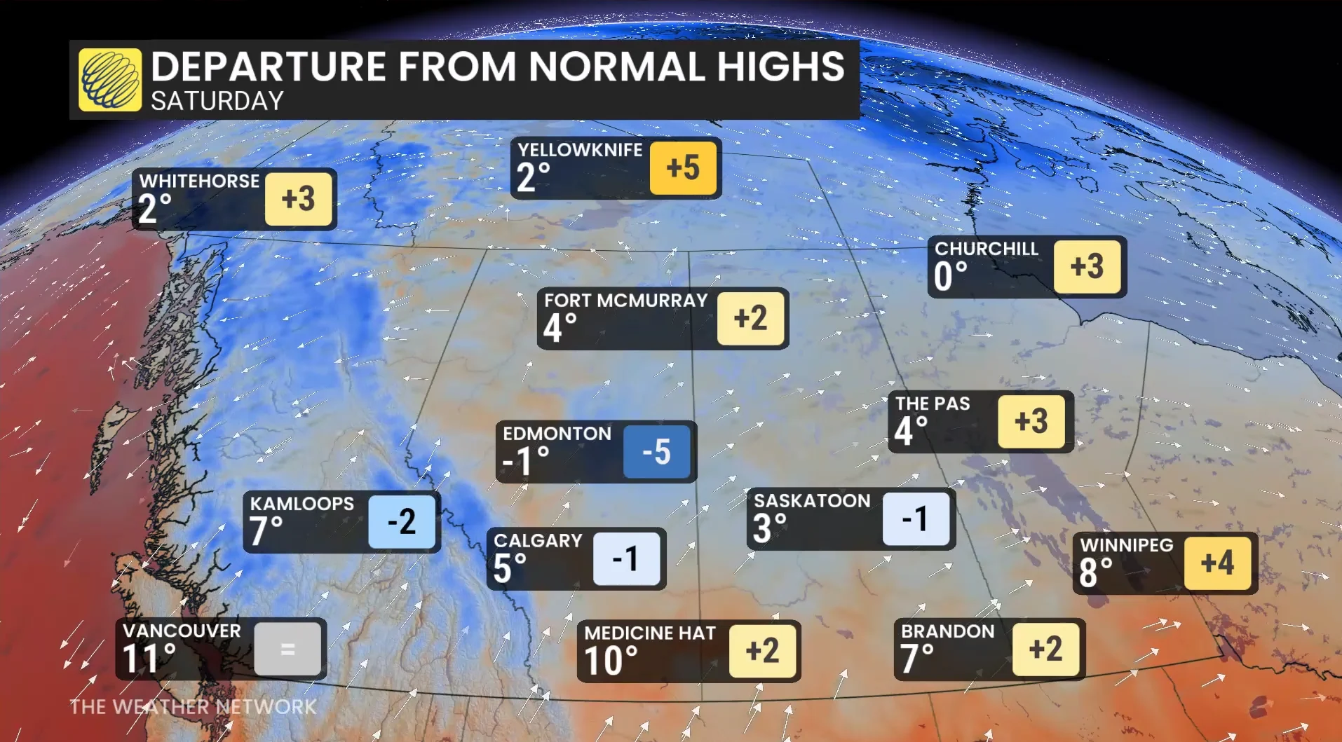 B.C. and the Prairies temperatures Saturday