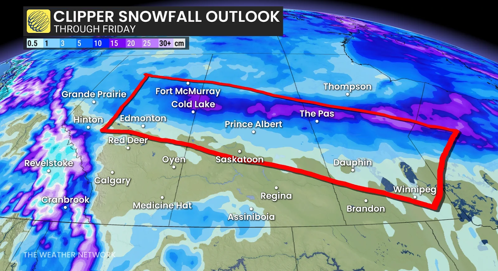 Prairies forecast snowfall totals and clipper track - Nov. 1, 2025