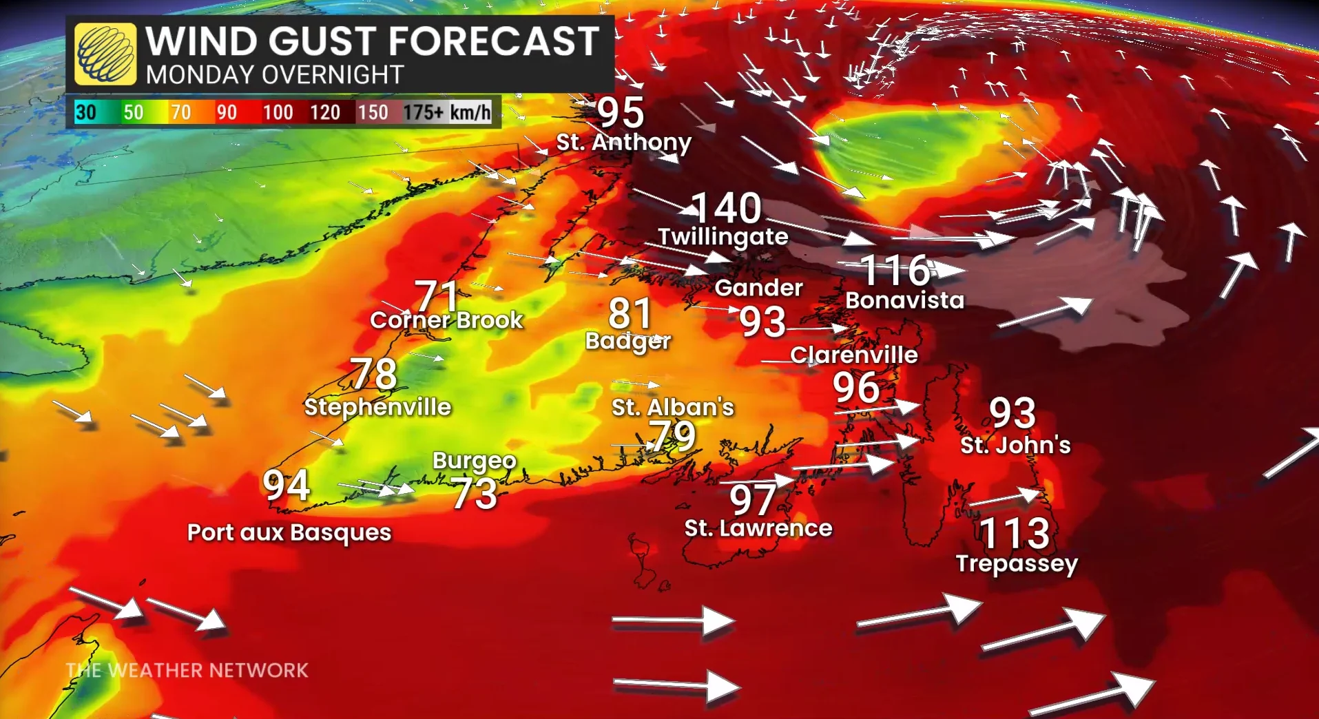 Newfoundland wind gusts Monday overnight