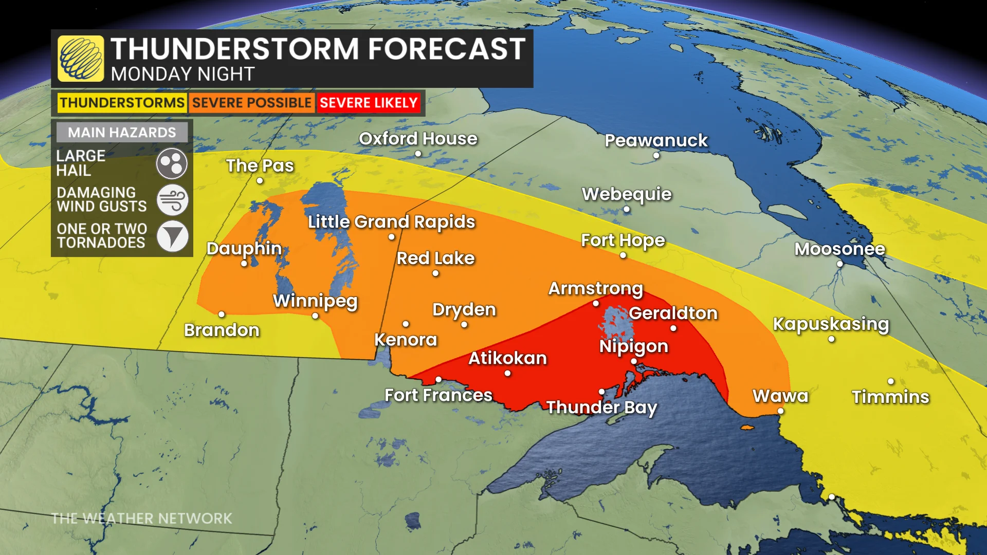 Northwestern Ontario Monday night storm risk map