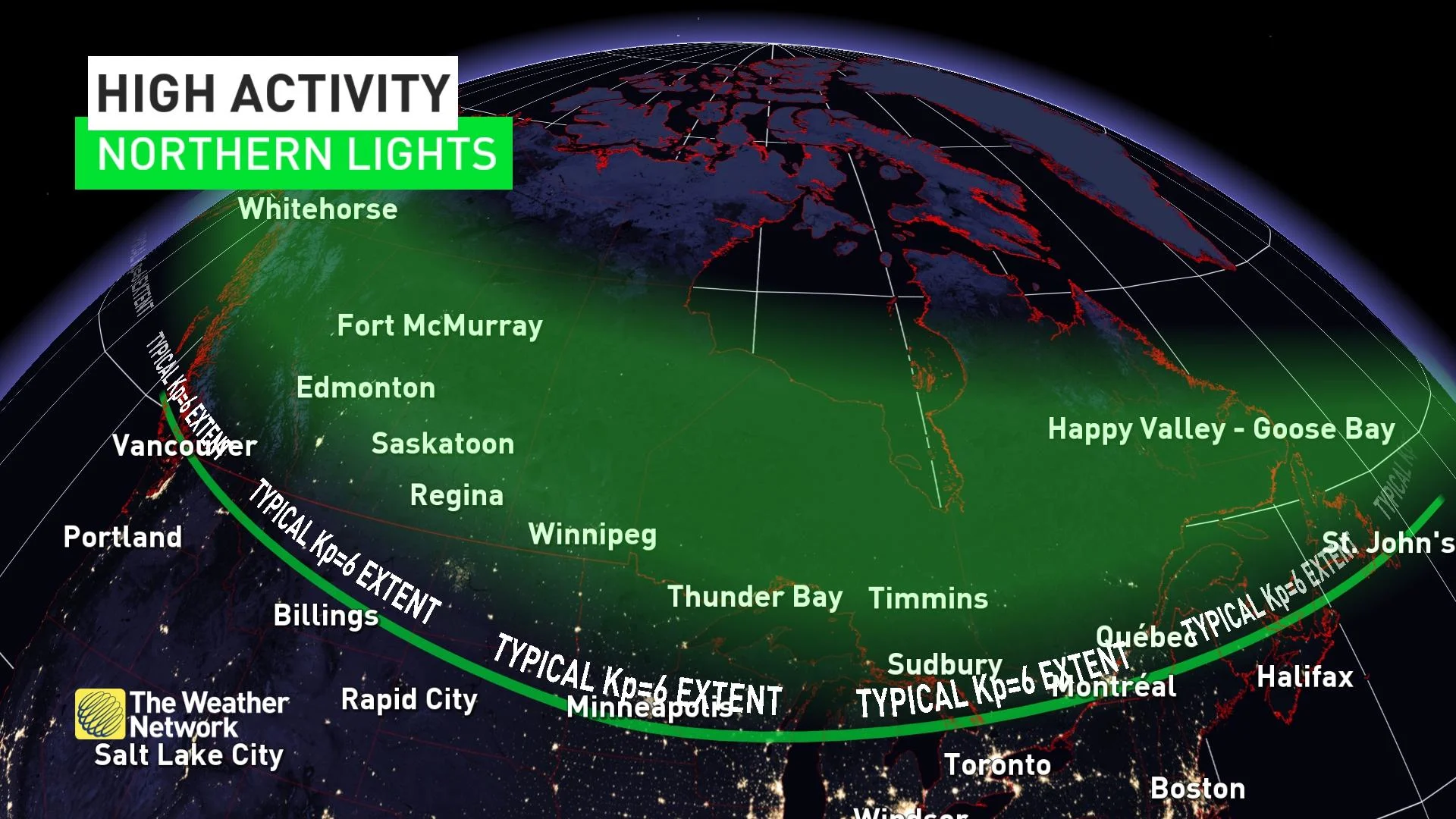 Kp 6 aurora extent Canada