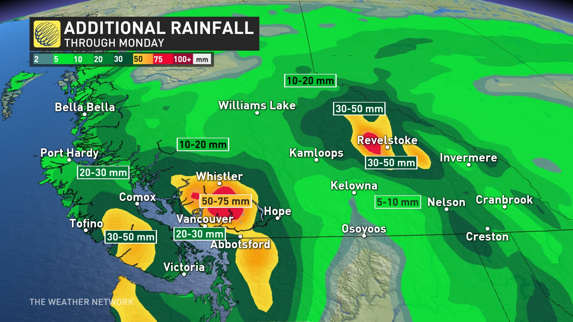 Additional B.C. rainfall through Monday