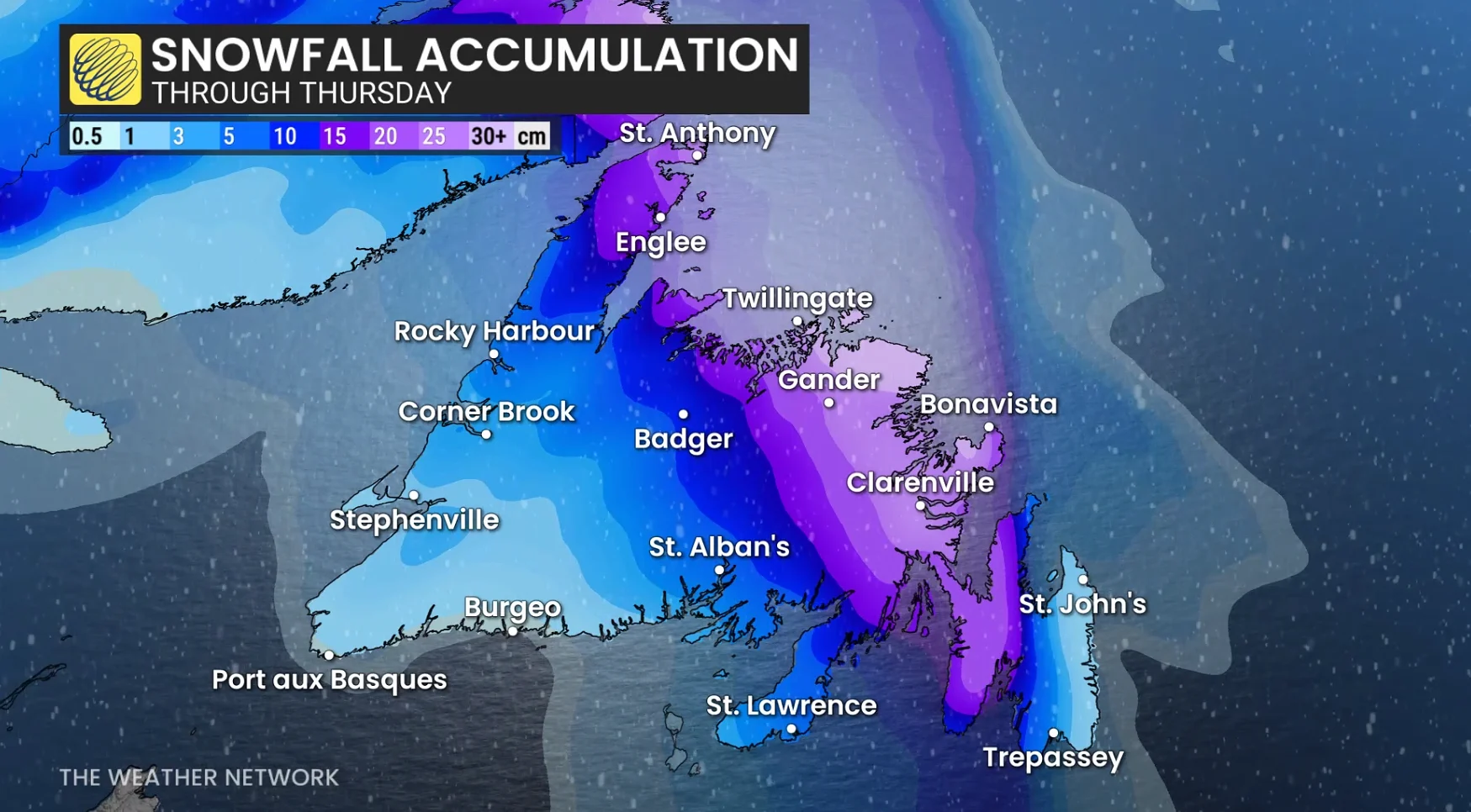 Newfoundland snowfall through Thursday