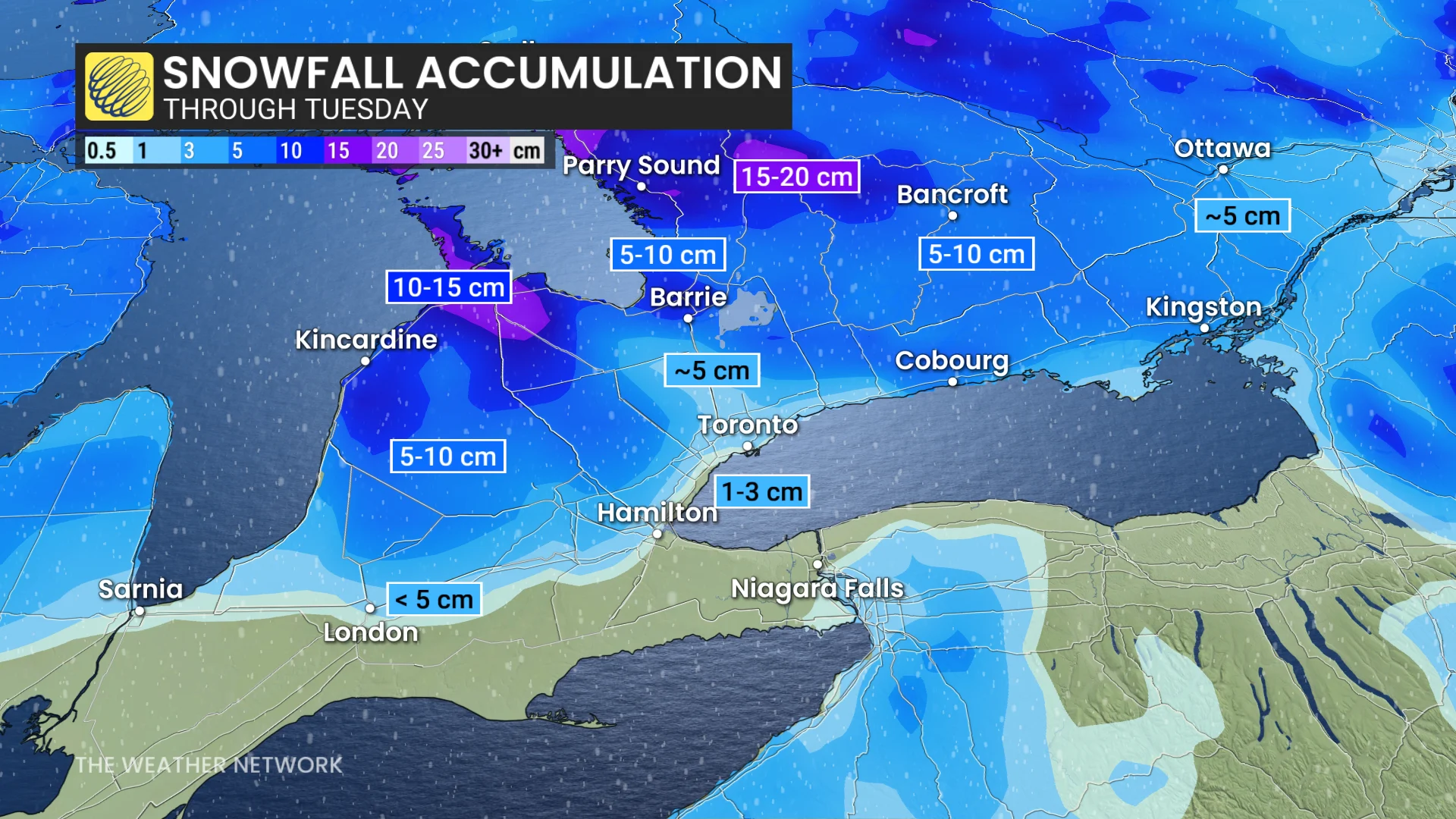 Southern Ontario snowfall accumulation crop through Tuesday