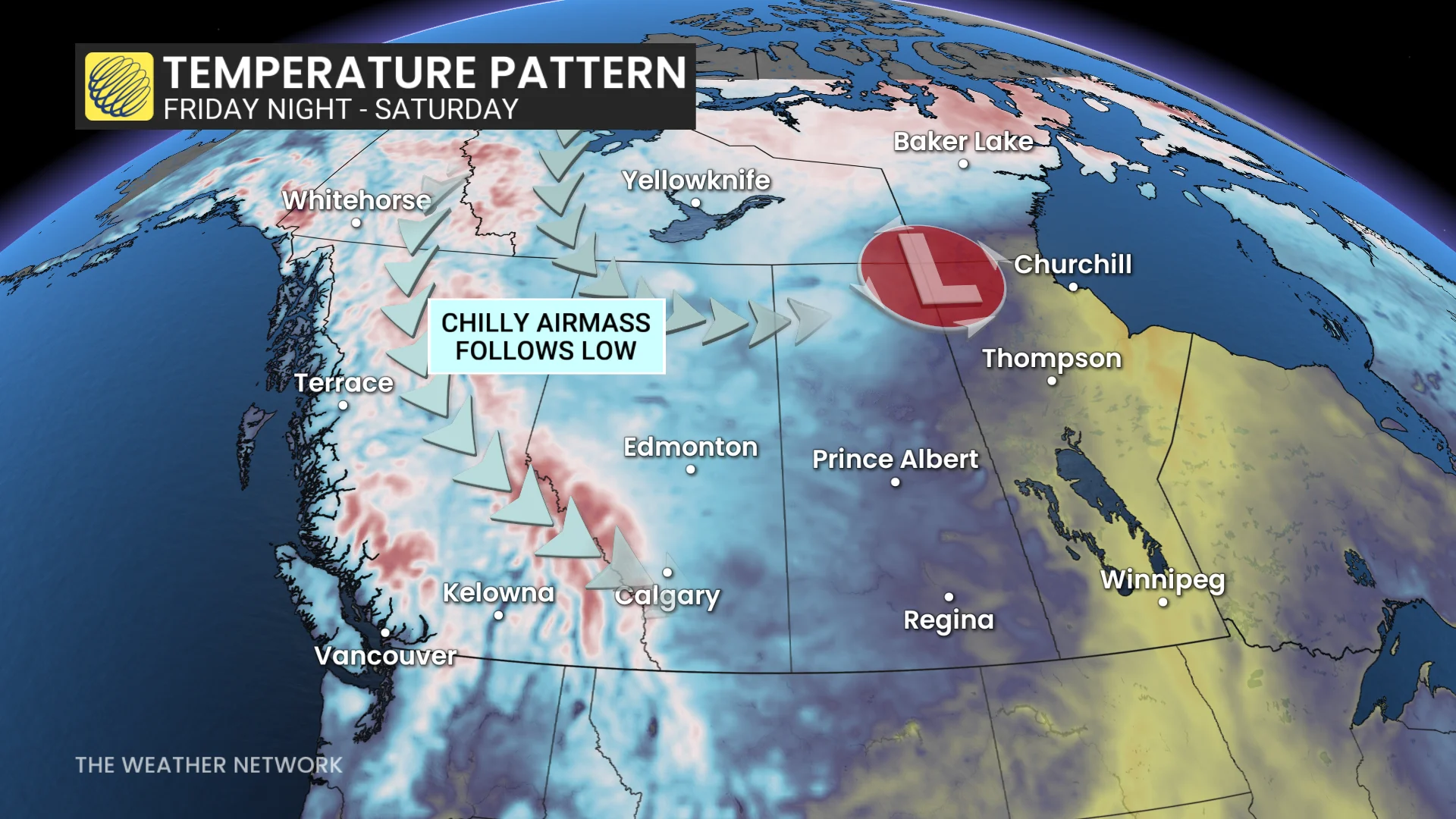 B.C.-Alberta temperature pattern Friday night to Saturday