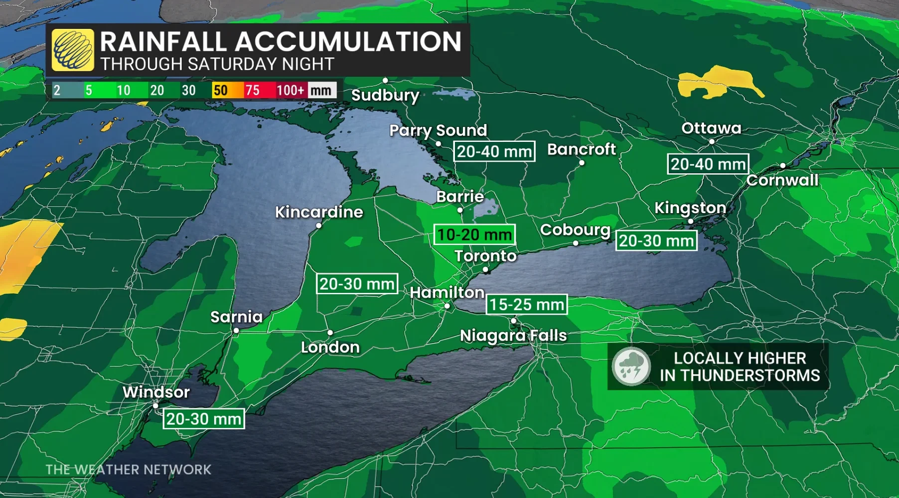 Southern Ontario forecast rainfall accumulation through Saturday night - April 3, 2026