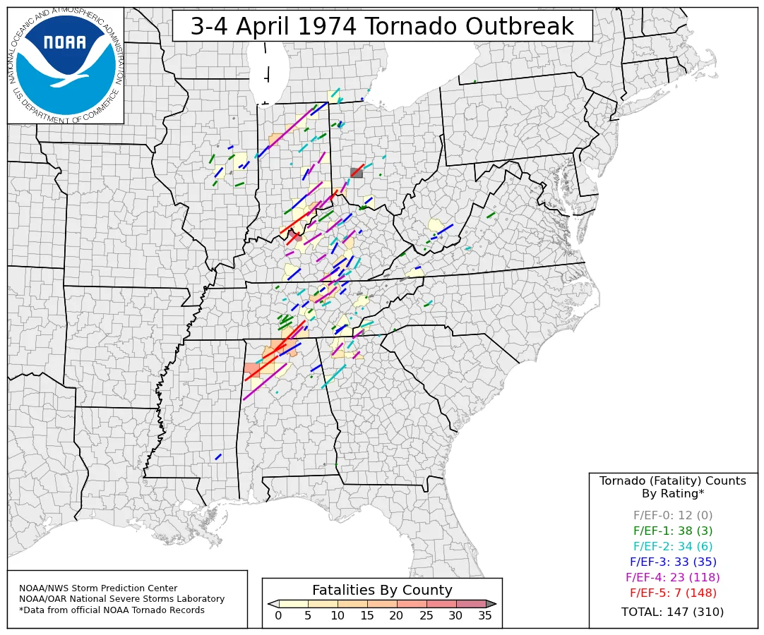 1974 Super Outbreak tornado fatality map