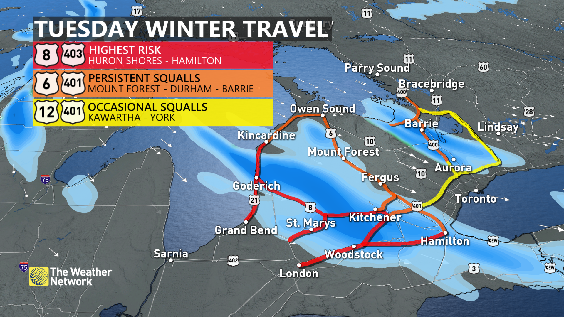 Intense snow squalls hit Ontario, risk of treacherous travel in 30+ cm of snow