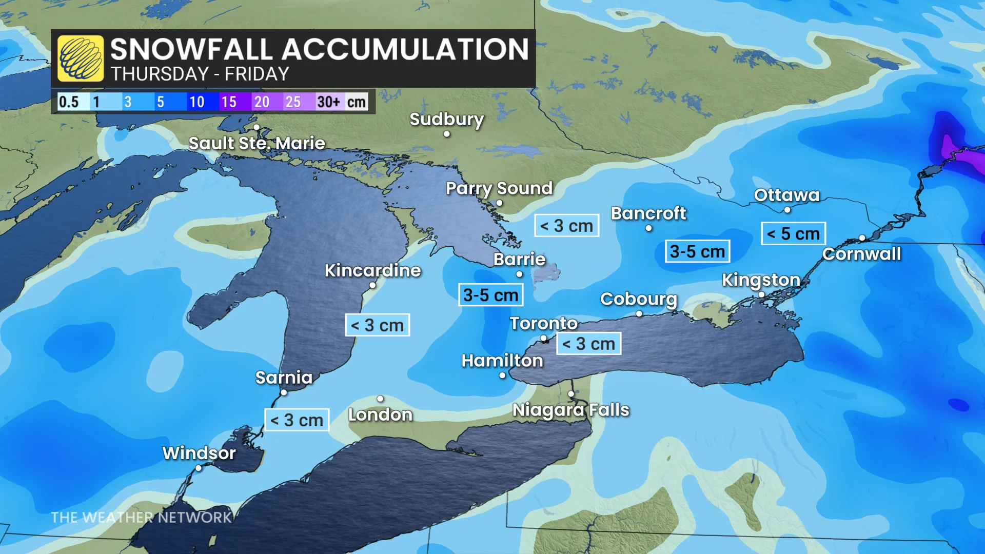 Ontario snowfall Thursday to Friday