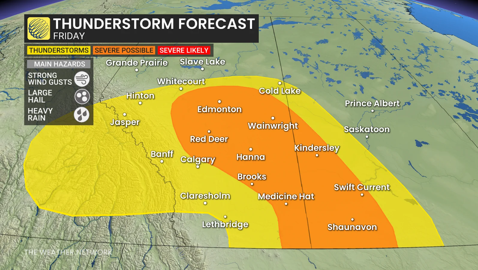 Thunderstorm, Thunder, Forecast, Friday, Saskatchewan, BC, British Columbia, Prairies, Storm, June 13, 2025. (The Weather Network/Rachel Modestino)