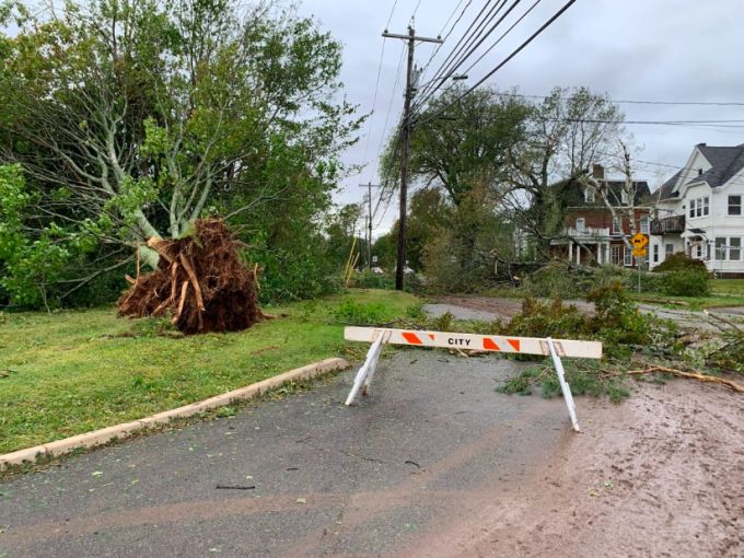 Some roads in Charlottetown have been blocked off Sunday to allow crews to clean up fallen trees from post-tropical storm Fiona. (Shane Ross/CBC)
