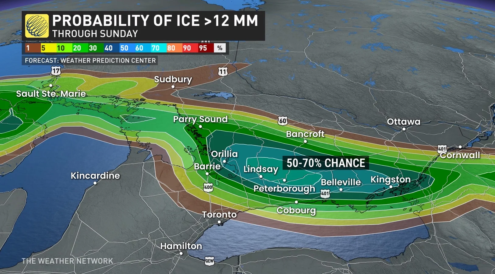 Probability of ice greater than 12 mm of accretion in Ontario