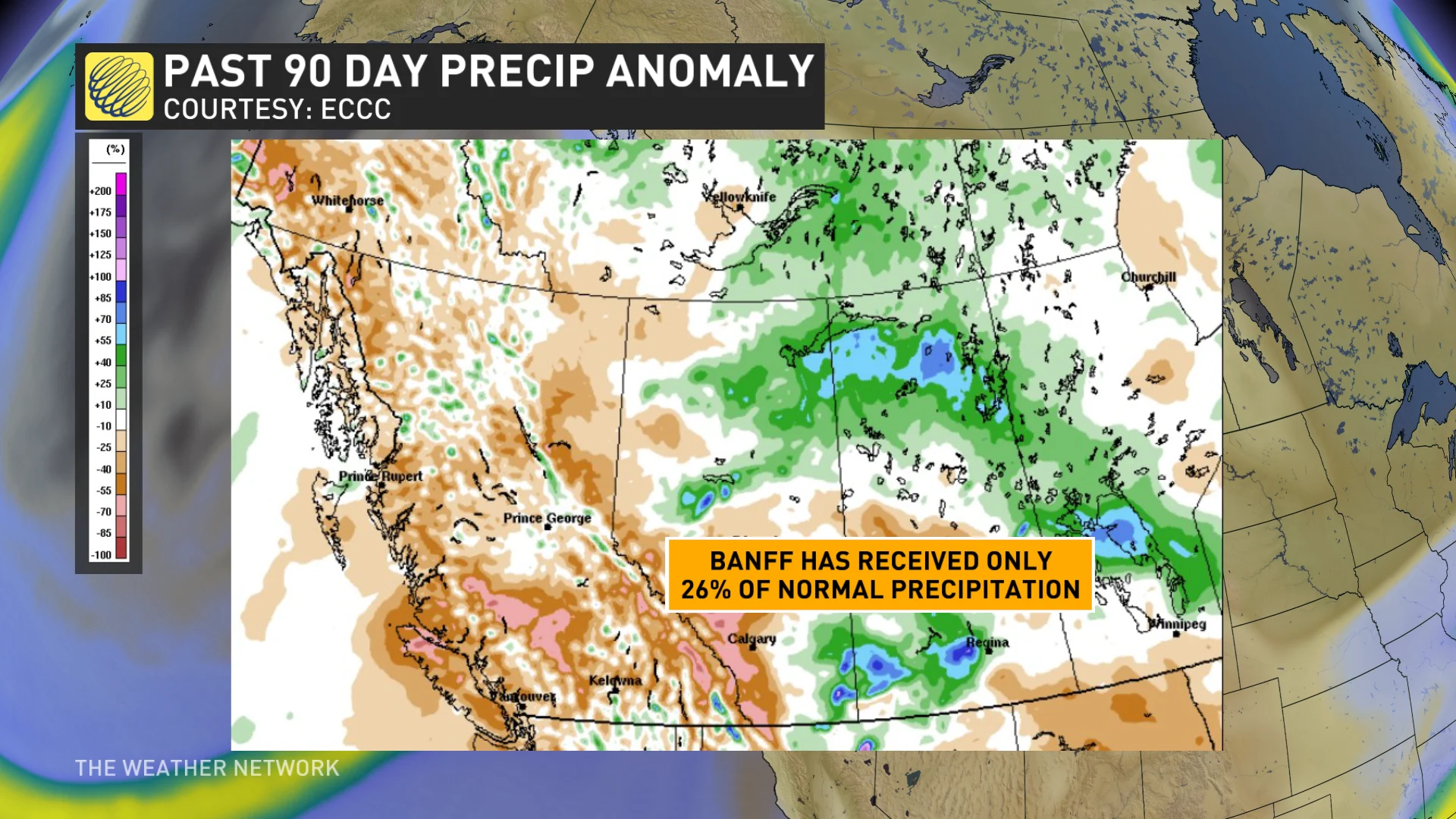Western Canada past 90 days precip anomaly